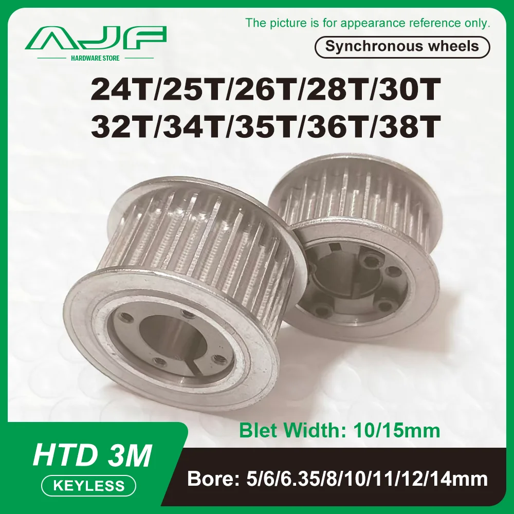 Timing Pulley HTD3M Keyless Bushing 24T 25T 26T 28T 30T 32T 34T 35T 36T 38Teeth Bore 5mm-14mm for Belt Width 10/15mm