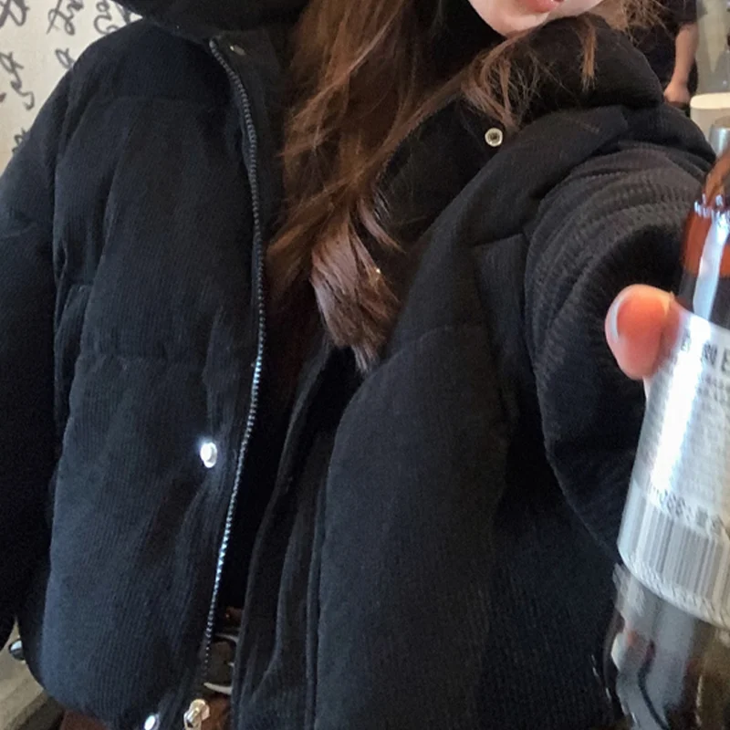 Chaqueta de algodón de pana azul para mujer, abrigo Vintage Harajuku cálido con cuello alto, abrigo corto de manga larga, ropa de invierno 2000s