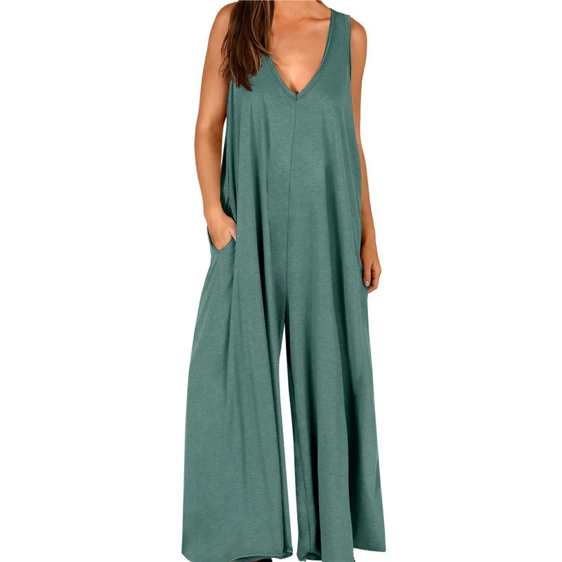 ABRT-dames casual zomer losse jumpsuits mouwloos V-hals wijde pijpen lange rompertjes baggy met zakken
