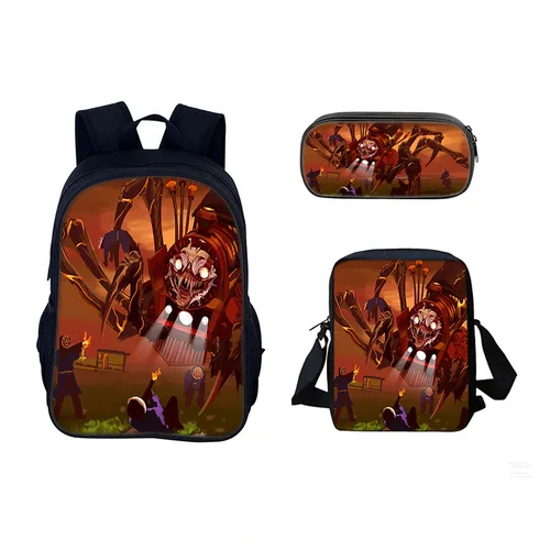 Choo Choo Charles Anime 3 unids/set mochila estudiante bolso de hombro de colegio niños Linda mochila de viaje regalo de cumpleaños para niños