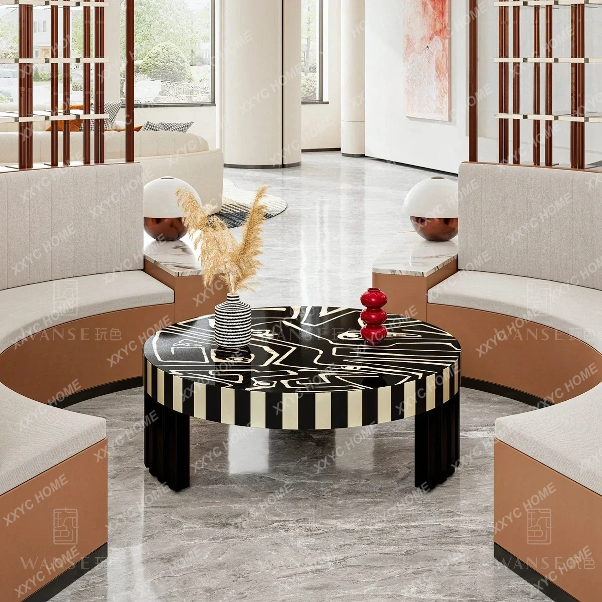 LMedieval style coffee table household round set few  models pure hand-painted edge few solid wood