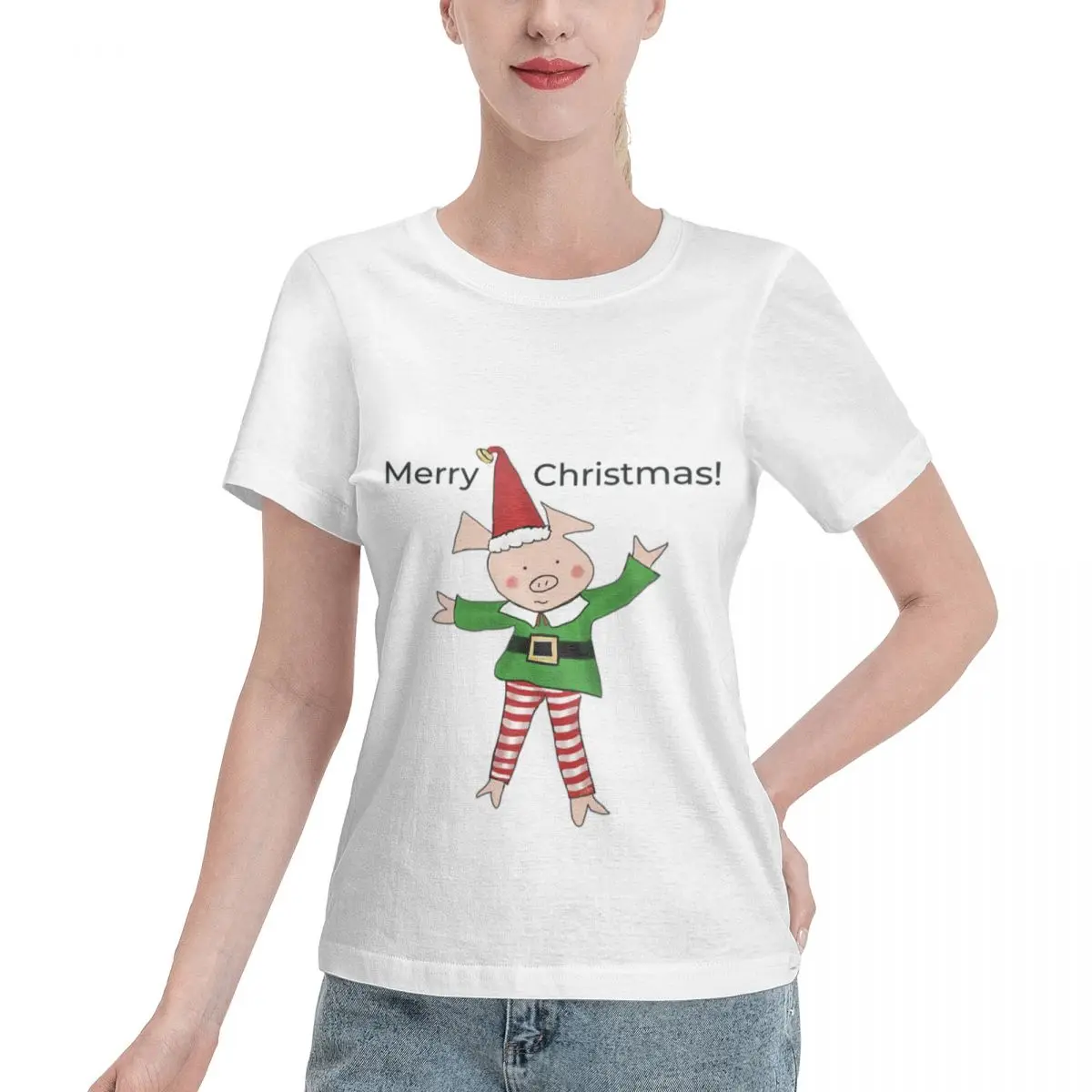 Soft Comfy Christmas Elf Elf Costume Wearing Cute Pig Merry Christmas! Women's T-shirt Breathable Wear Outdoor Casual Top