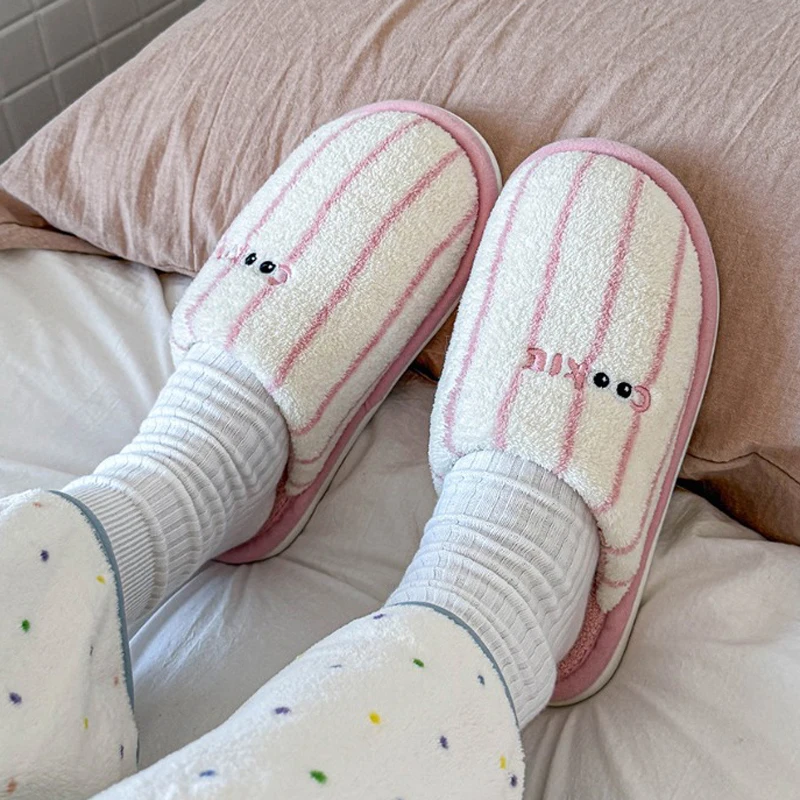 Home Slipper Women Striped Winter Warm Fuzzy Fur Plush Non Slip Indoor Female Man Lazy Bedroom Room House Shoe Grip Flat furry
