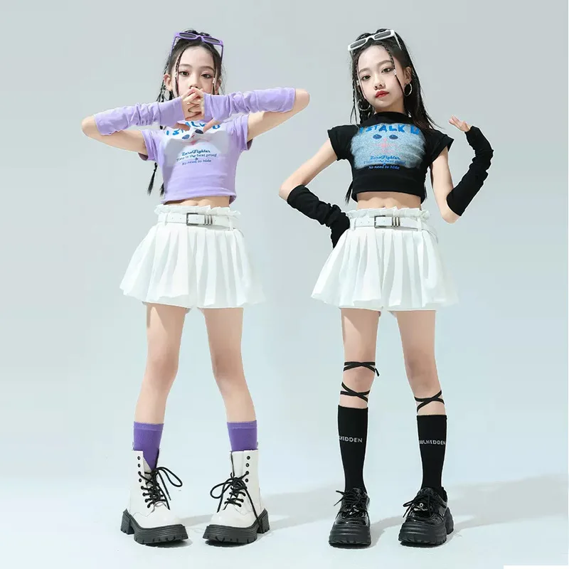 Kid Hip Hop Clothing Cat Mock Neck Crop Top T Shirt Arm Sleeve White Skirts for Girl Jazz Dance Costume Hip-hop Clothes