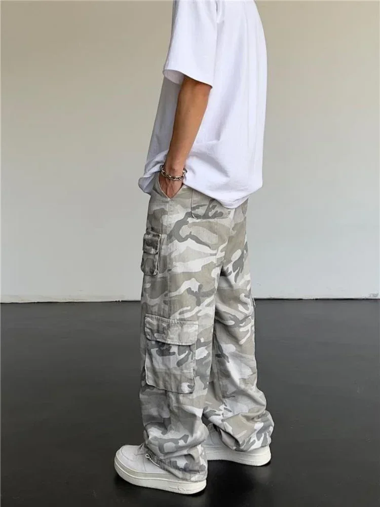 Grey Trekking Camouflage Straight Camo Cargo Pants For Men Trousers Man Wide Cotton Clothing Luxury Regular Fit Designer New In view 5