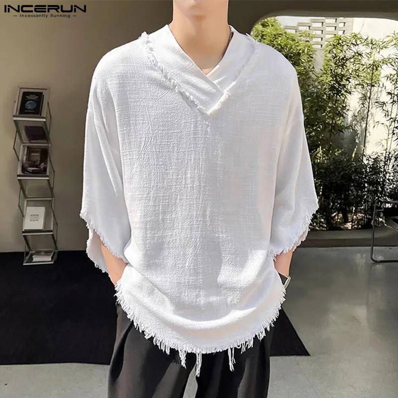 2024 Men Casual T Shirt Solid Color Tassel V Neck Half Sleeve Loose Men Clothing Streetwear Oversize Fashion Tee Tops INCERUN