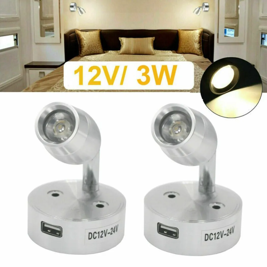 2pcs 12V 3W LED Car Interior Spot Reading Light Camper Van Caravan Boat Touch Switch USB Lamp Decoration 2022