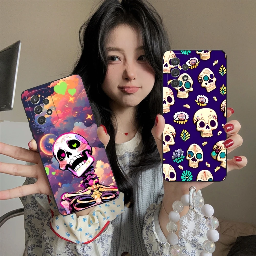 Skull Flowers Painting Mobile Cell Phone Case for Samsung Galaxy A91 73 71 70 54 53 52 34 24 23 21 S 5G Black Phone Cover Shell