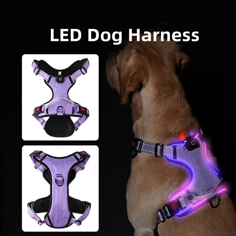 Luminous Dog Harness USB Rechargeable LED Light Night Safety Pet Dog Chest Strap Glowing Harness for Small Medium Large Dogs