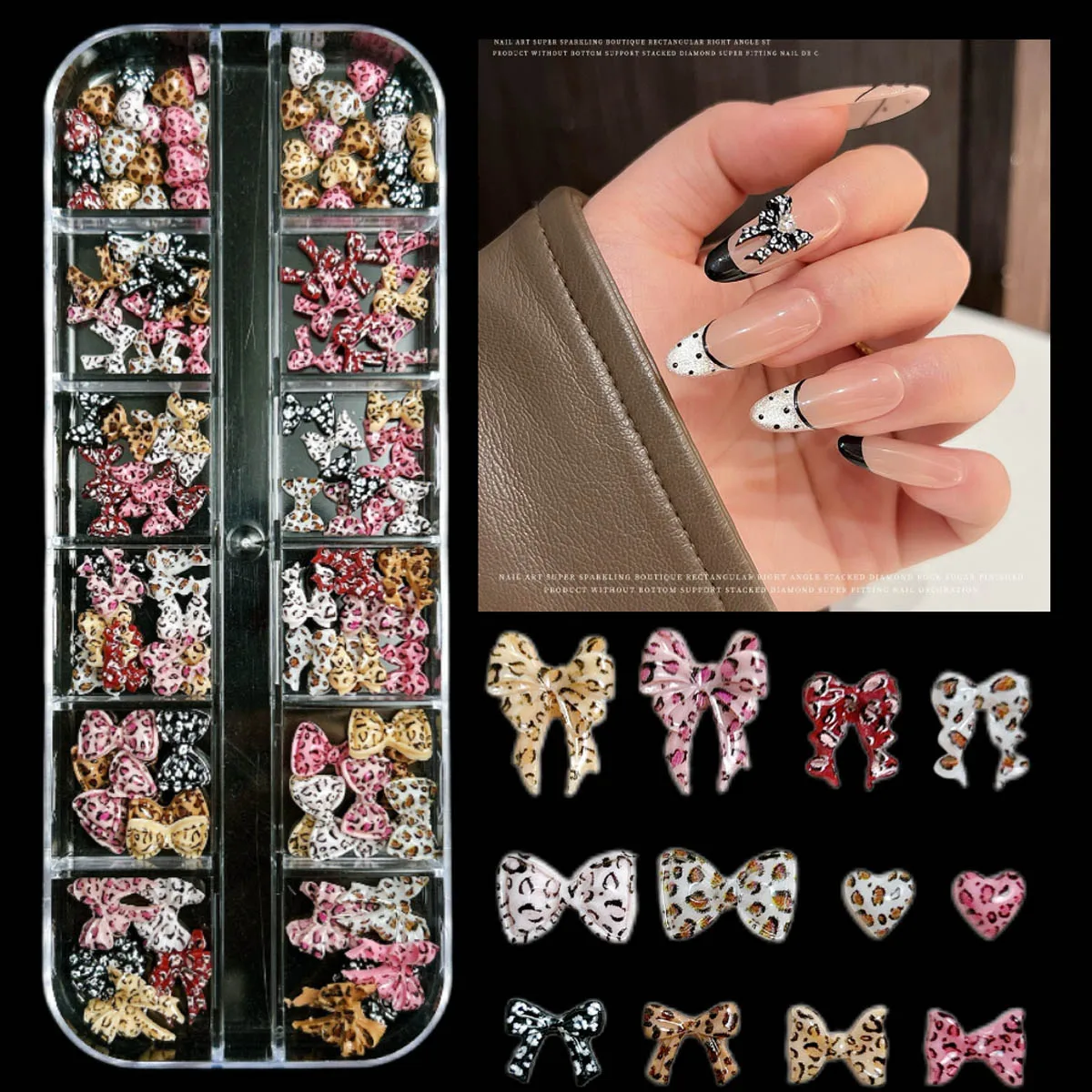 1 scatola di novità creativa stampa leopardo fiocco resina pendenti per unghie 3D di vendita calda dolce maculato cravatta cuore decorazioni per unghie unghie fai da te