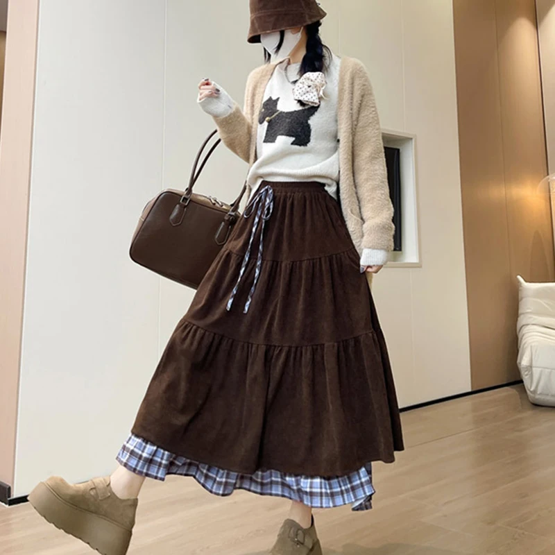Fake Two Pieces Patchwork Long Skirts Women Autumn Vintage Corduroy Midi Skirt Woman Elegant Contrast Color Lace-Up Maxi Skirts