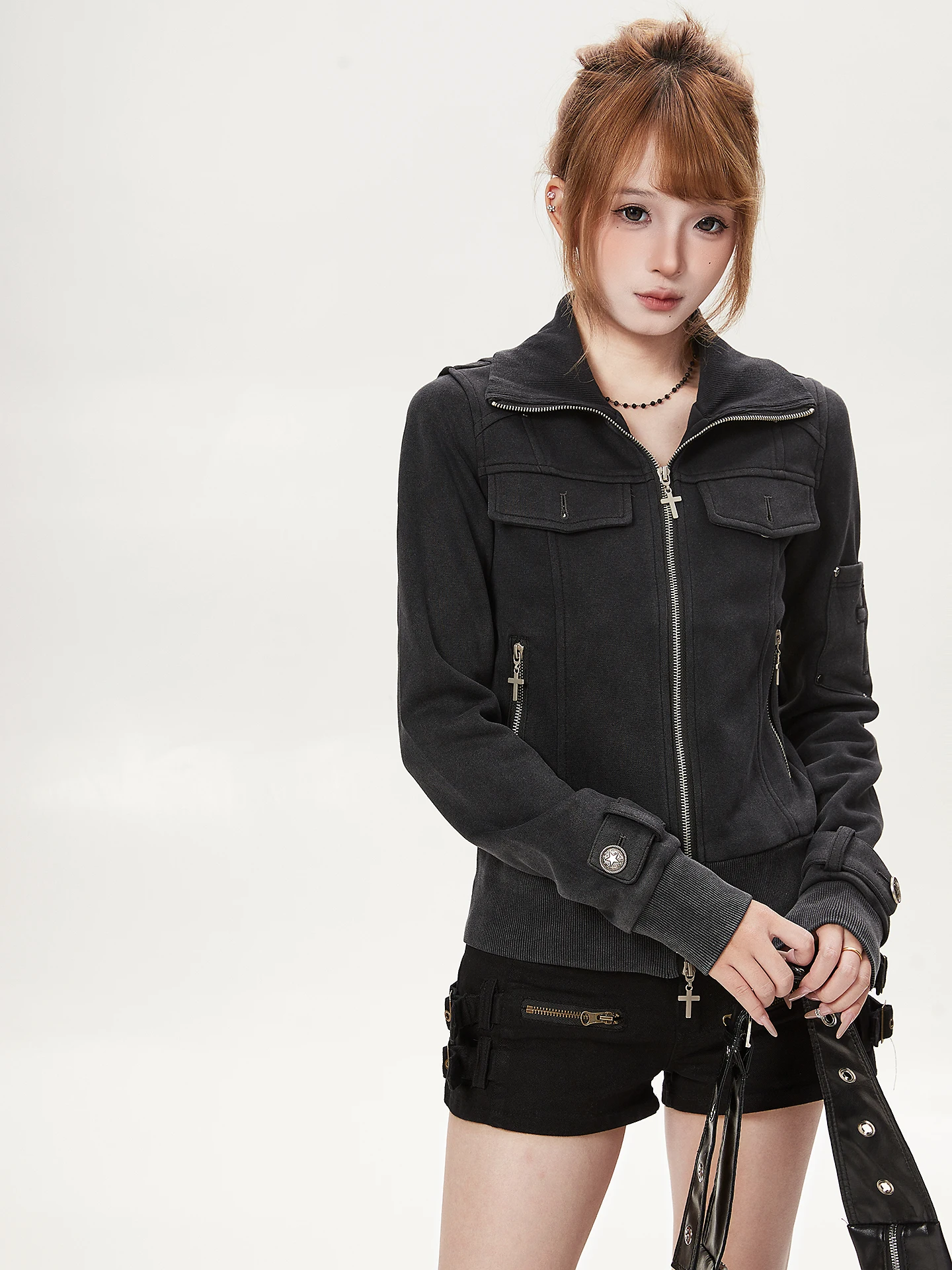 Women'S Fashion Utility Jacket - Chaqueta de Trabajo Negra con Cierre