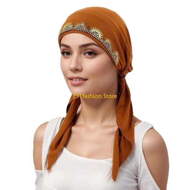 Y5GC Ethnic African Rhinestones Design Headscarf Lightweight Polyester Headwear Comfortable Head Wrap