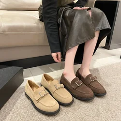 Suede Woman Loafers Belt Buckle Round Toe Vintage Flat Shoes Comfortable Slip on Single Shoes Casual Soft Sole Leather Shoes