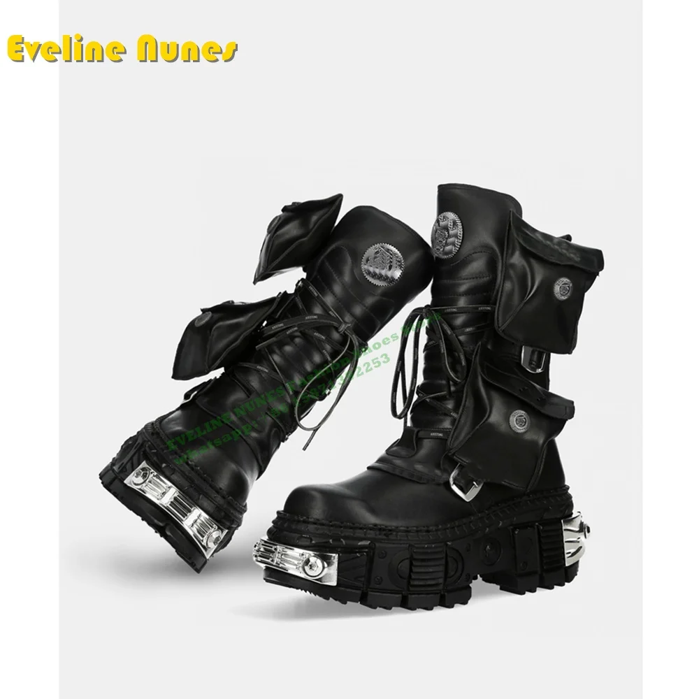 

Pocket Platform Cross Tied Cyberpunk Motorcycle Boots 2024 Winter Round Toe Thick Sole Metal Decoration Plus Size Couple Shoes