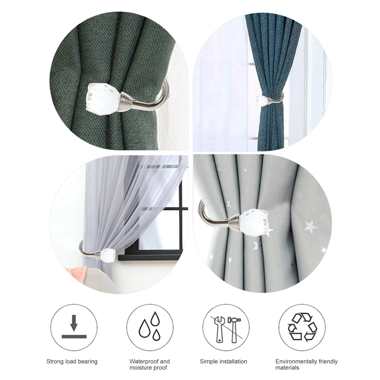 

2pcs 1 Pair Crystal Curtain Hooks Alloy Pothooks For Home Hotel Decor Elegant Tieback Accessories U-Shaped Ironware