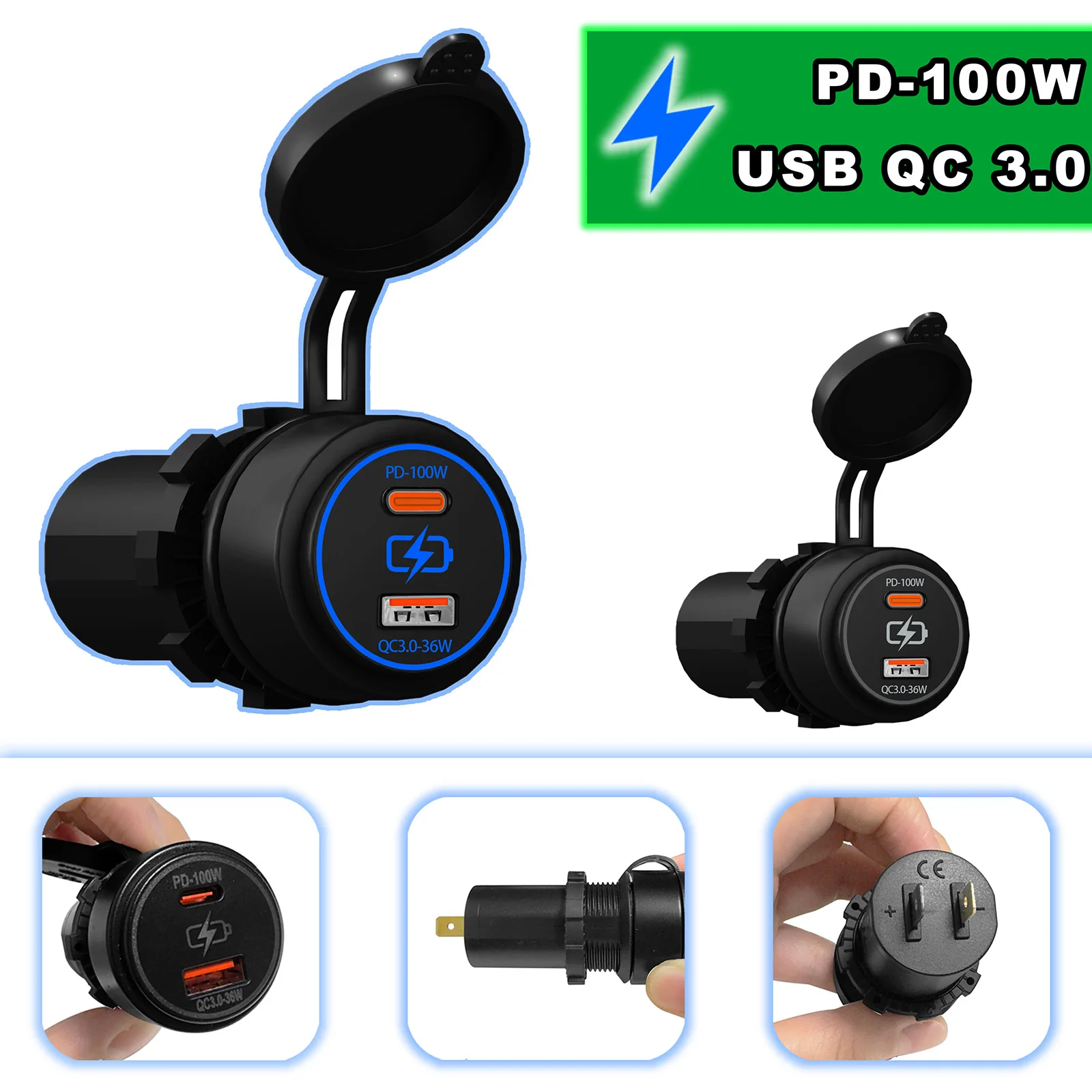 

PD 100W 12V USB C Car Charger Adapter Fast Charging QC3.0 Marine Dual Outlet Plug Motorcycle Phone Charger for Multiple Devices