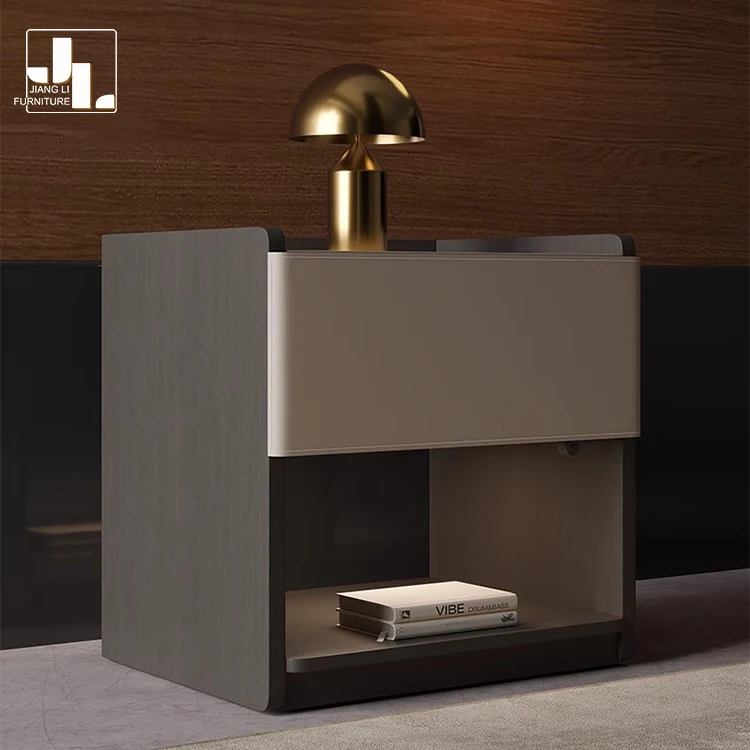 Italian Style Hotel Bedroom  Night Table Modern Simple Wood Frame Khaki Leather Bedside Table with Drawer Furniture