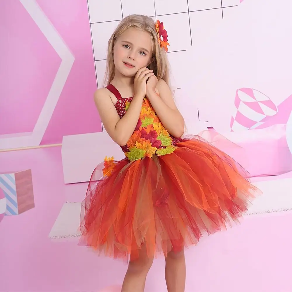 

Fashion Maple Leaves Kids Tutu Dress with Hairpin Cute Tulle Dress Autumn Colors Puffy Dance Costumes Children