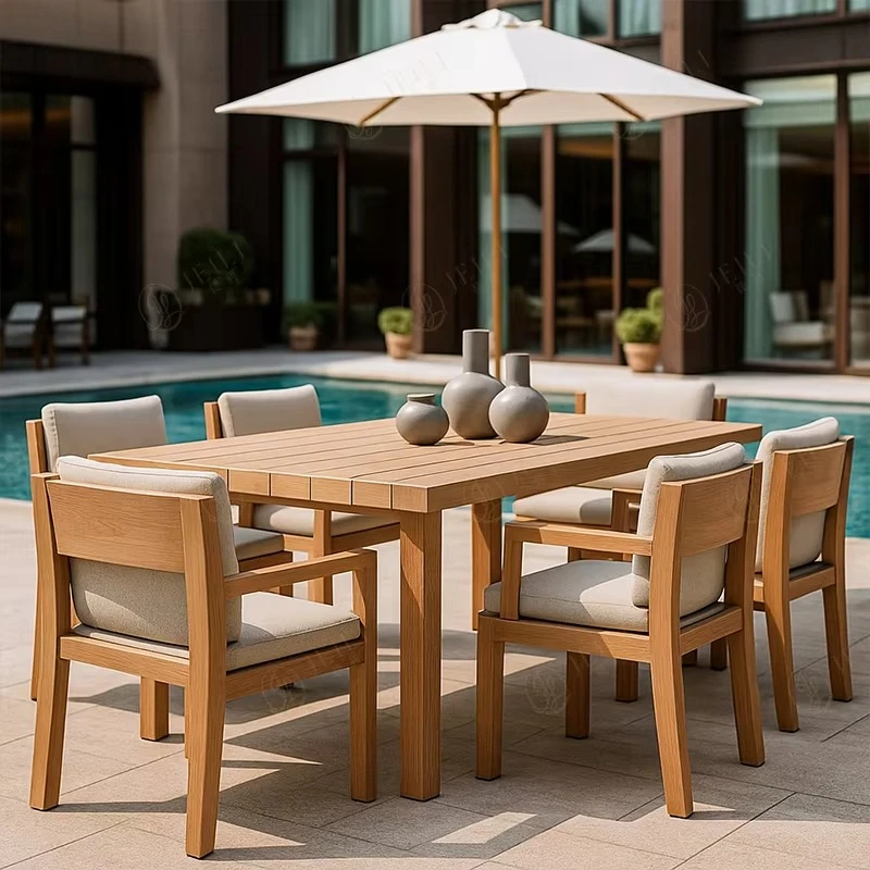 Commercial Restaurant Pool Lounger Outdoor Furniture Morden Teak Wood Table Chair Set White Cushion for Villa Poolside