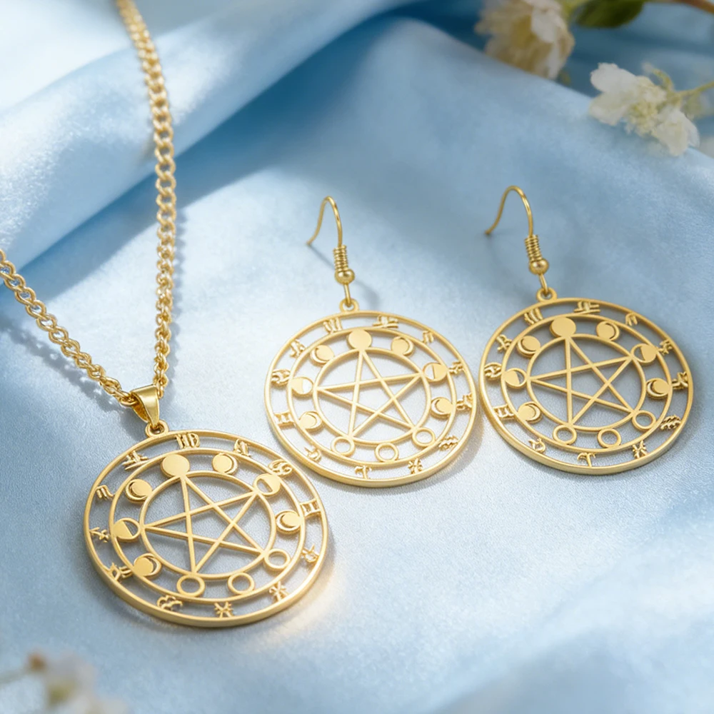 Dawapara Pentacle Zodiac Necklace Earrings Jewelry Sets Pentagram Moon Phase Protection Amulet Stainless Steel Jewellery