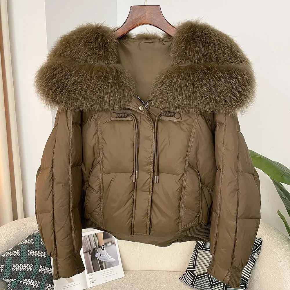 Big Real Fox Fur Collar Natural Thick Warm Duck Down Coat Short Outerwear Streetwear Loose 2024 Winter Fur Jacket Women