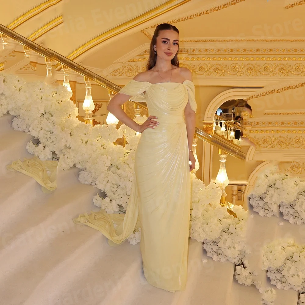 Simples sereia vestidos de noite femininos fora do ombro sem costas vestidos de baile personalizado sem mangas plissado vestido de gala noche mujer