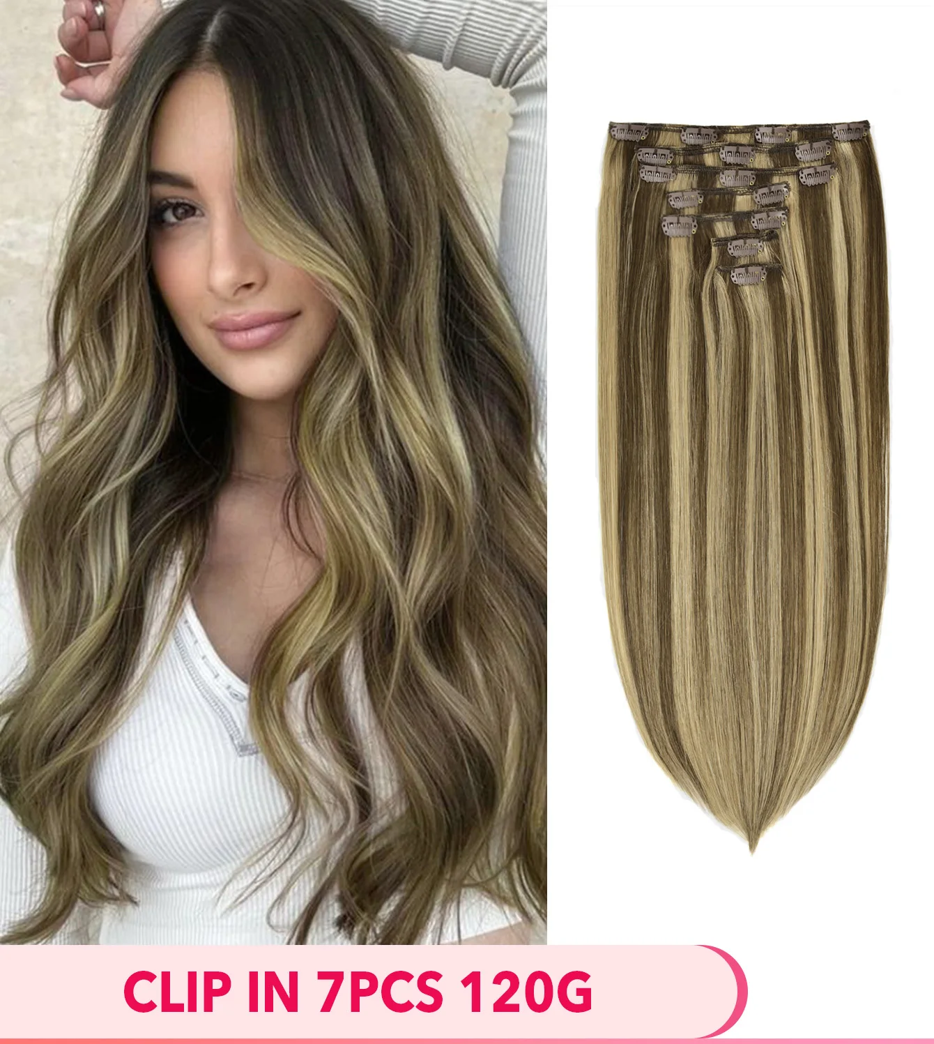 

Натуральные прямые заколки для наращивания человеческих волос 120 г, бразильские заколки на всю голову, 7 шт., с 16 зажимами