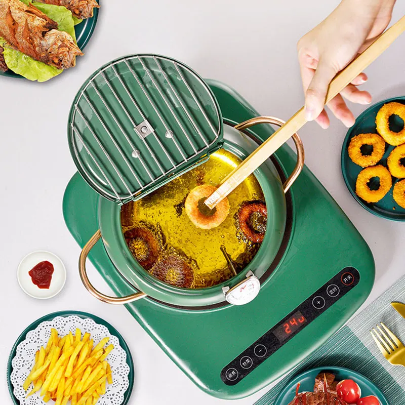 Deep Fryer Pot Japanese Tempura Small Deep Fryer Stainless Steel Frying Pot With Thermometer Control Lid Oil Filtration Cookware