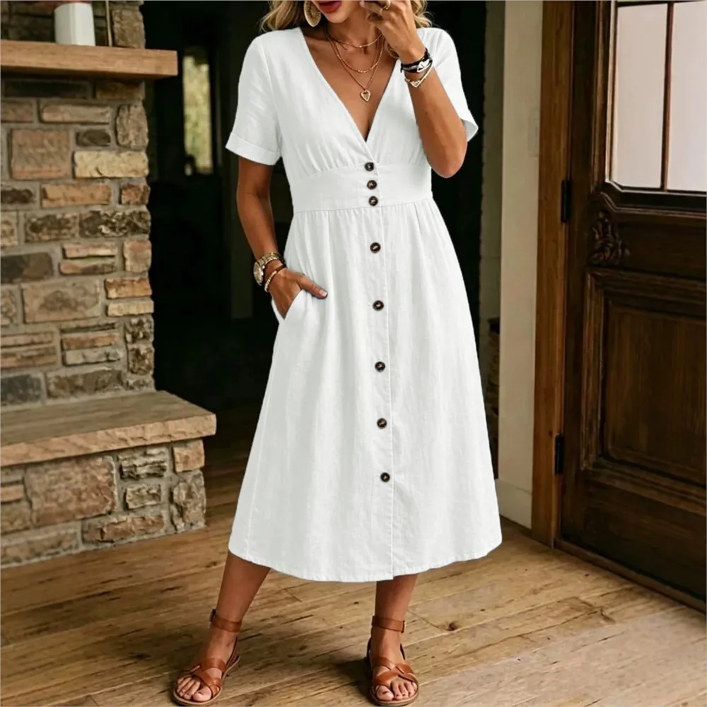2026 Women's Casual Dresses A-line Dress Vestido Simple Style All-match Daily Commuting Short Sleeves Solid Color Buttons V-link