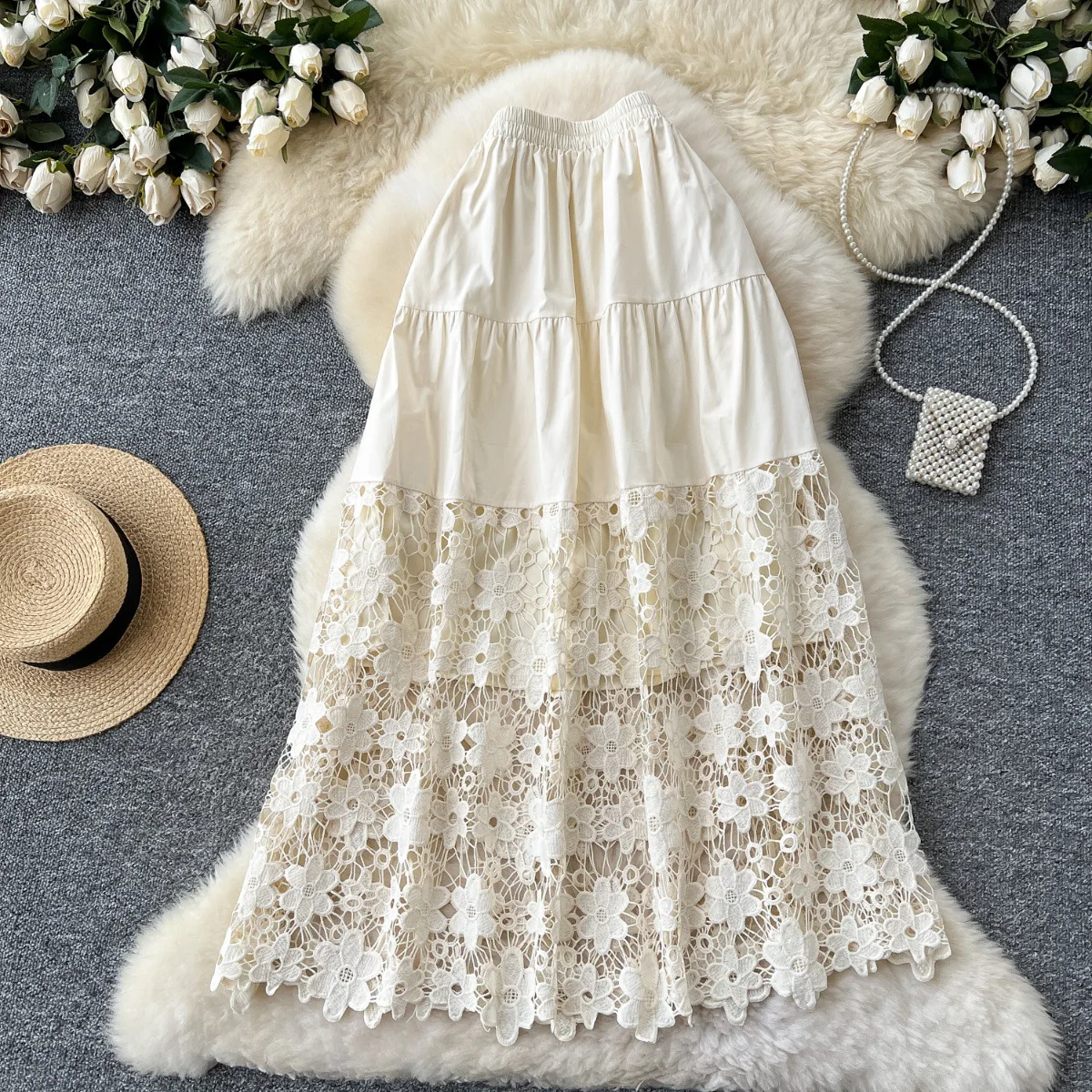 Casual Solid Color Skirt For Women Spring Autumn Fashion New Elegant Elastic Waist A-line Stitching Hollow Lace Long Skirt