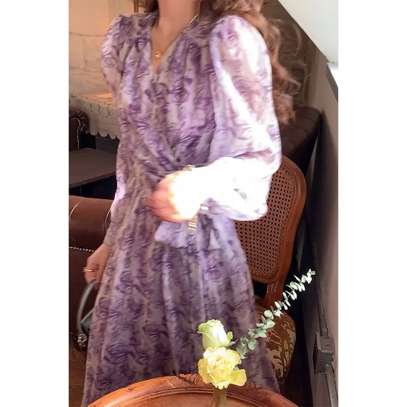 Printed French New Princess Skirt V-neck Slim Flared Sleeves Ruffled Lady Retro Dresses #2