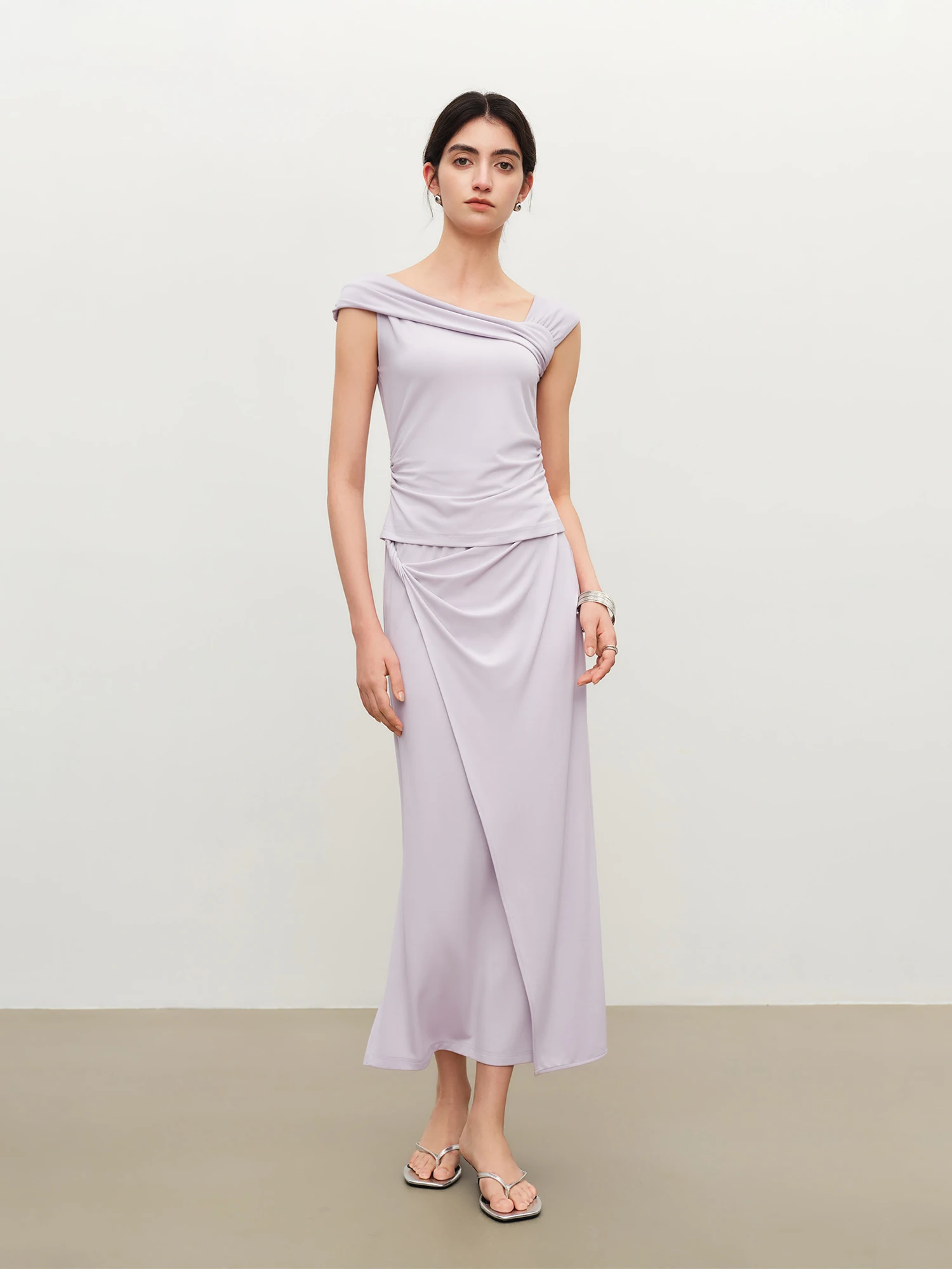 ZIQIAO Stylish Asymmetrical Neckline Cinched waist Knit Turtleneck Skirt Set Women 2026 Summer New Arrival Straight Pencil Skirt