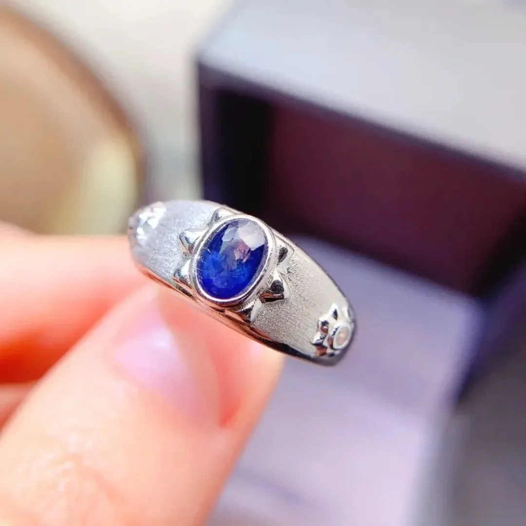 

Luxury Atmosphere Ladies 925 Silver Pure Natural Sapphire Ring Engagement Party Gift Jewelry 4x6mm