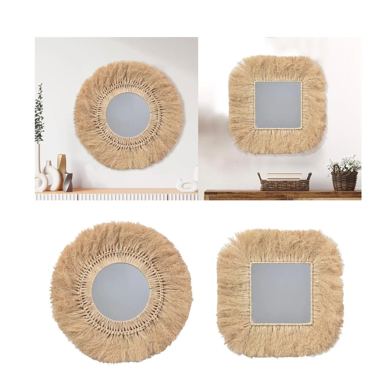 Farmhouse Wall Mirror ,Decorative Mirror ,Gift Wall Art Decor, Rustic, Boho Mirror Woven Straw Mirror for Bathroom, Apartment