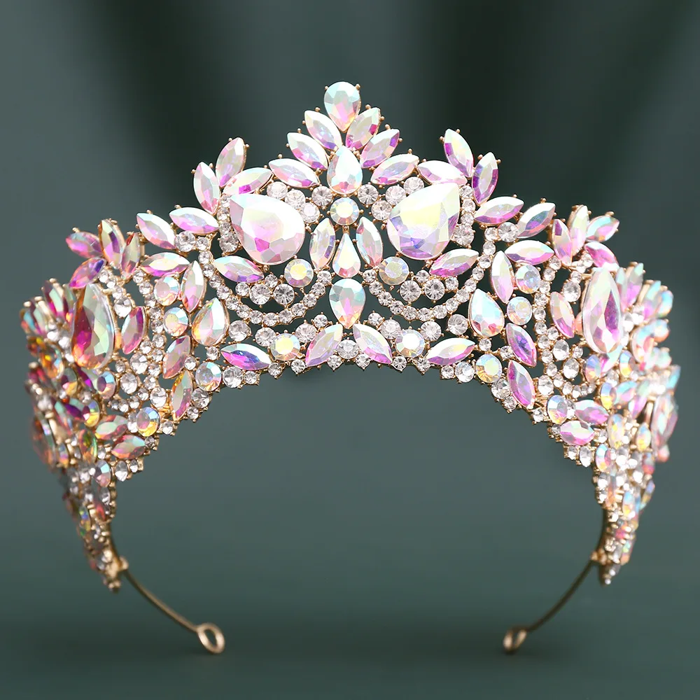 AB Color Iridescent Rhinestone Queen Tiara Crown, Gold Plated Sparkling Crystal Bridal Headpiece For Pageant Miss Universe