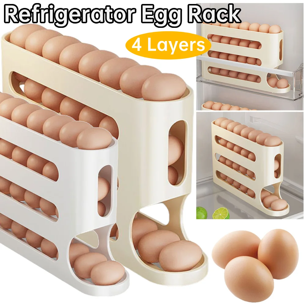 4 طبقات رف بيض الثلاجة موفر للمساحة رف البيض التمرير التلقائي حاوية البيض المتداول المطبخ لتخزين الثلاجة