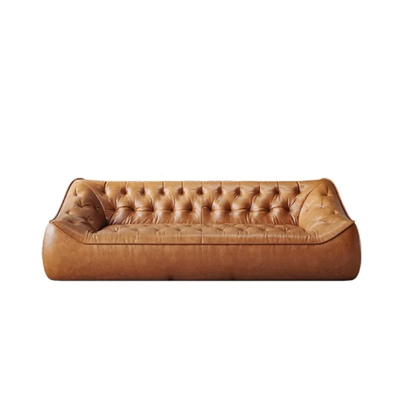 

Medieval high-end oil wax leather French retro small apartment straight row full leather sofa living room leather bean bag sofa