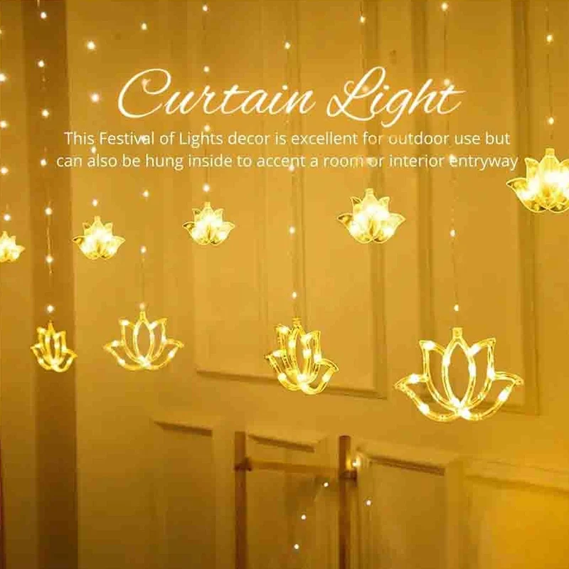 4M 8 Modes Waterproof Deepavali Lotus Icicle Curtain Light Fairy Light for Diwali Festival Indoor Outdoor Home Decoration Item
