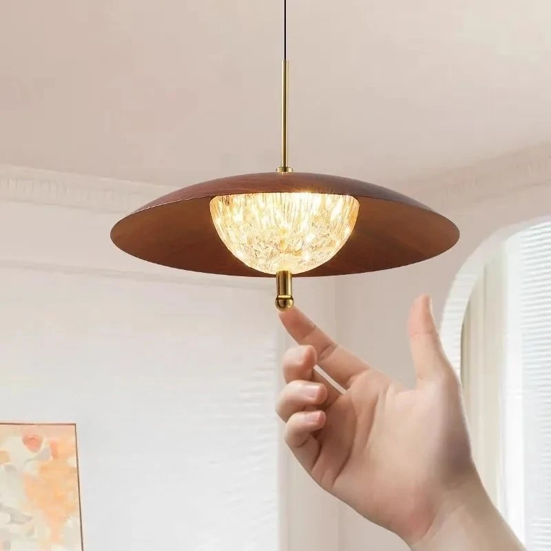 Modern Touch Sensing Liftable Pendant Lights French Medieval Led Chandelier Walnut Wood Grain Color Restaurant Dining Table Lamp