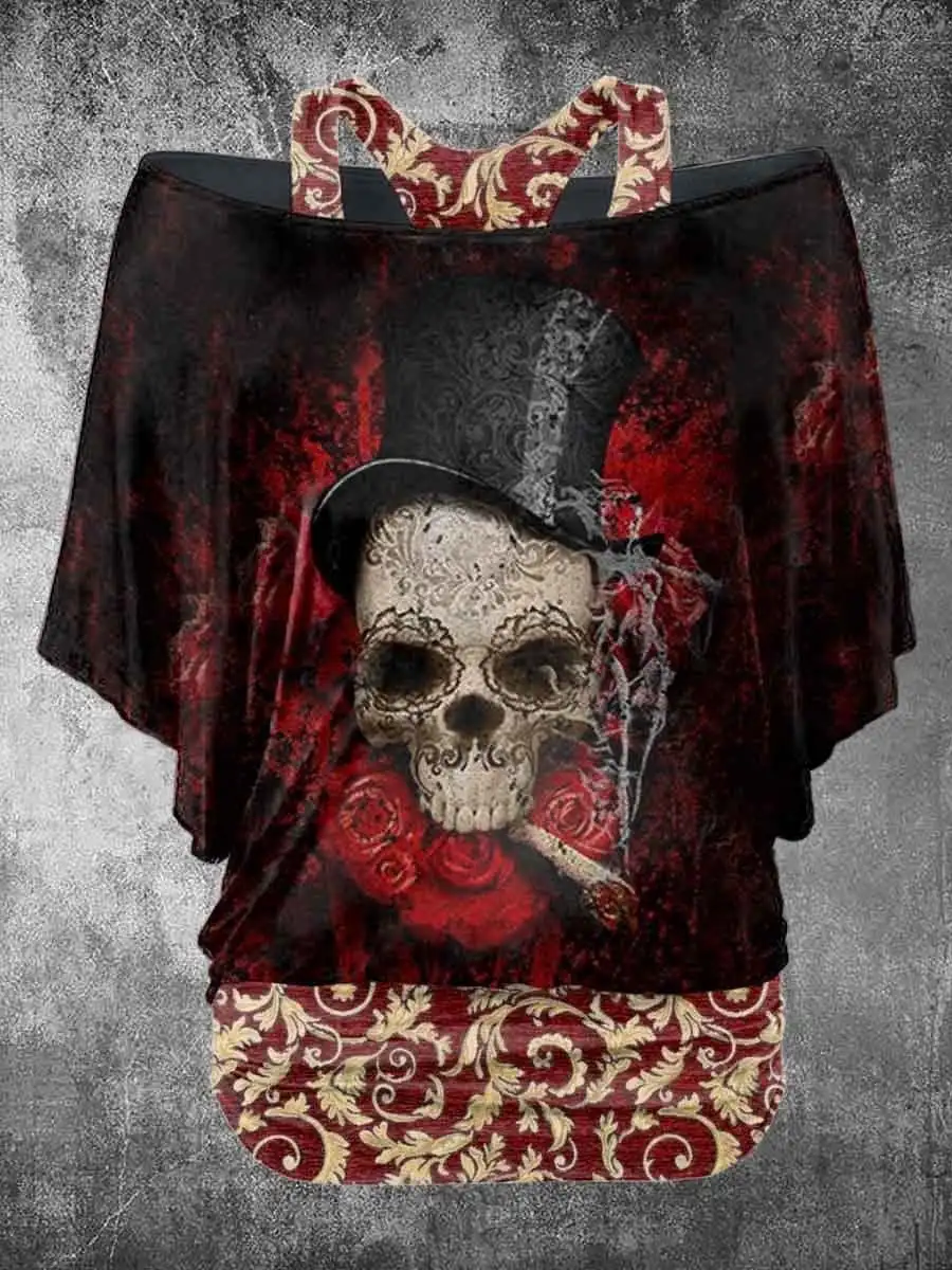 PLstar Cosmos 3D Printed Horror Skull Pattern Faux Two-Piece Top Women's Casual T-Shirt Harajuku Streetwear