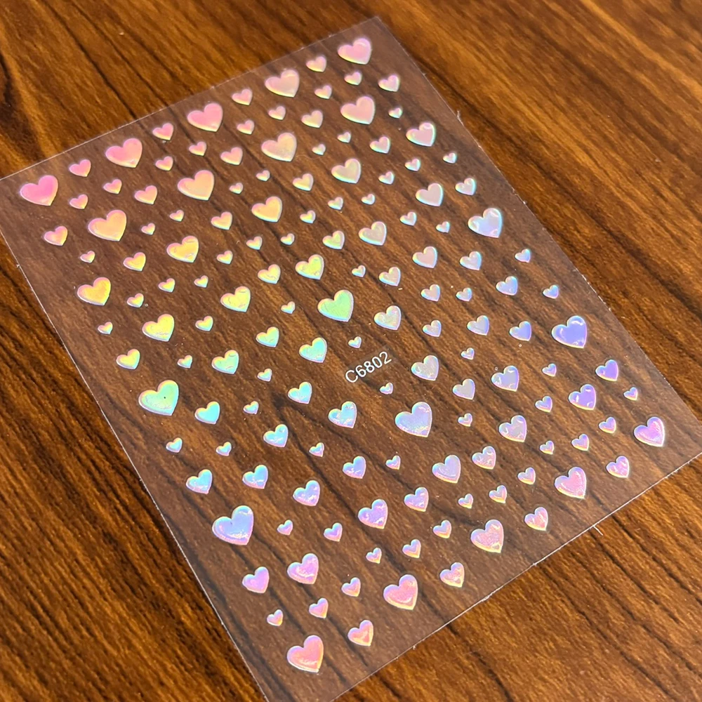 6pcs Laser Silver Pink Heart Nail Art Decals 3D Metallic Silver Effect Love-Heart Nail Stickers For Women Valentine' Nail Decor