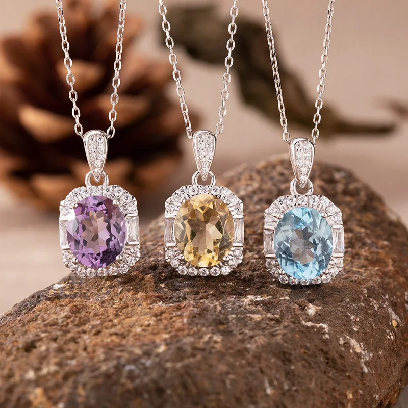 

New Natural Colorful Gemstone Jewelry Topaz Amethyst Citrine Necklace for Womens925Silver Light Luxury High-End Feel