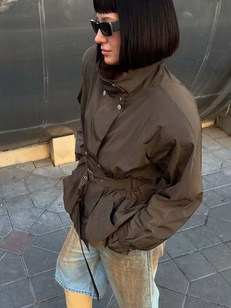 HH Woman Spring Fashion Long Sleeves Stand Collar Double Breasted Belt Decoration Loose Windbreaker Female Keep Warm Jacket