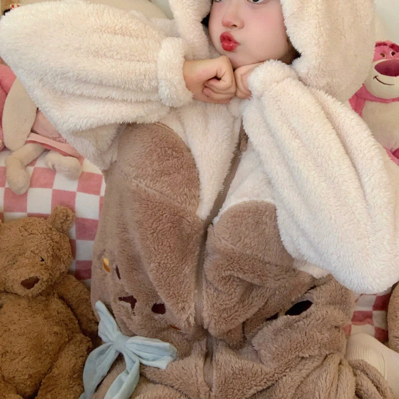 Autumn Winter Warm One Piece Pyjamas Girls Sweet Cartoon Bear Ears Bow Sleepwear Women Jumpsuits Coral Fleece Hooded Onesies