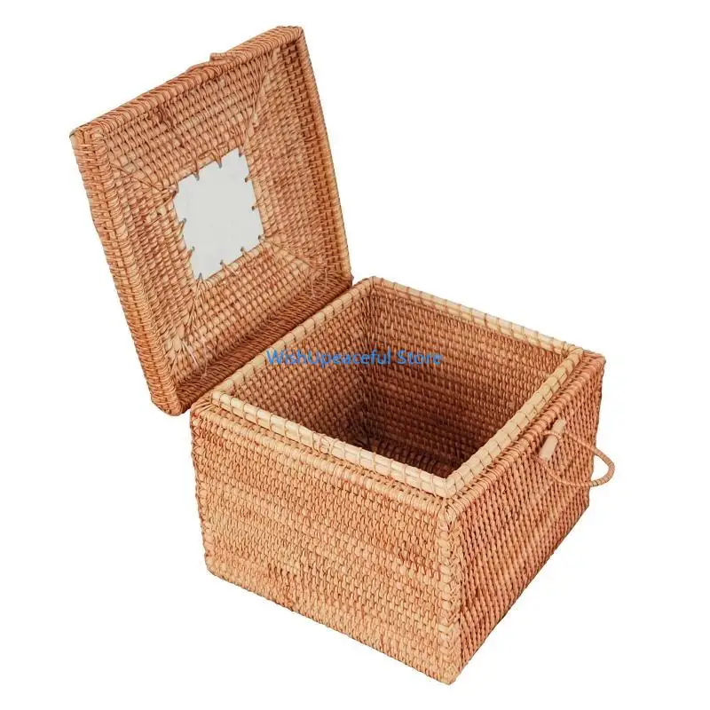 

34YA Woven Rattan Storage Bin with Lid Square Basket with Handle Decorative