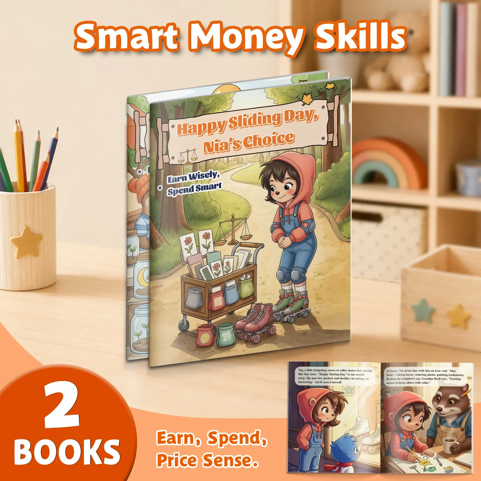 2-Book Financial Literacy Story Set for Kids: Happy Sliding Day, Nia’s Choice & Price Basket and Autumn Float Parade
