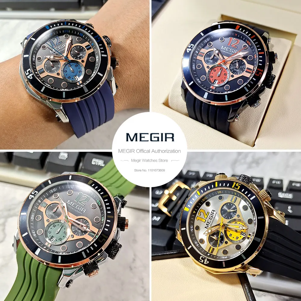 MEGIR Chronograph Watches for Men Fashion Military Sport Silicone Strap Wristwatch with Auto Date Waterproof Quartz Watch часы