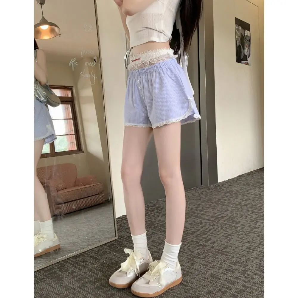 Cute Summer Striped Shorts Button Blue Pink Embroidered Lace Shorts Lolita Lace Leggings For Women Girl