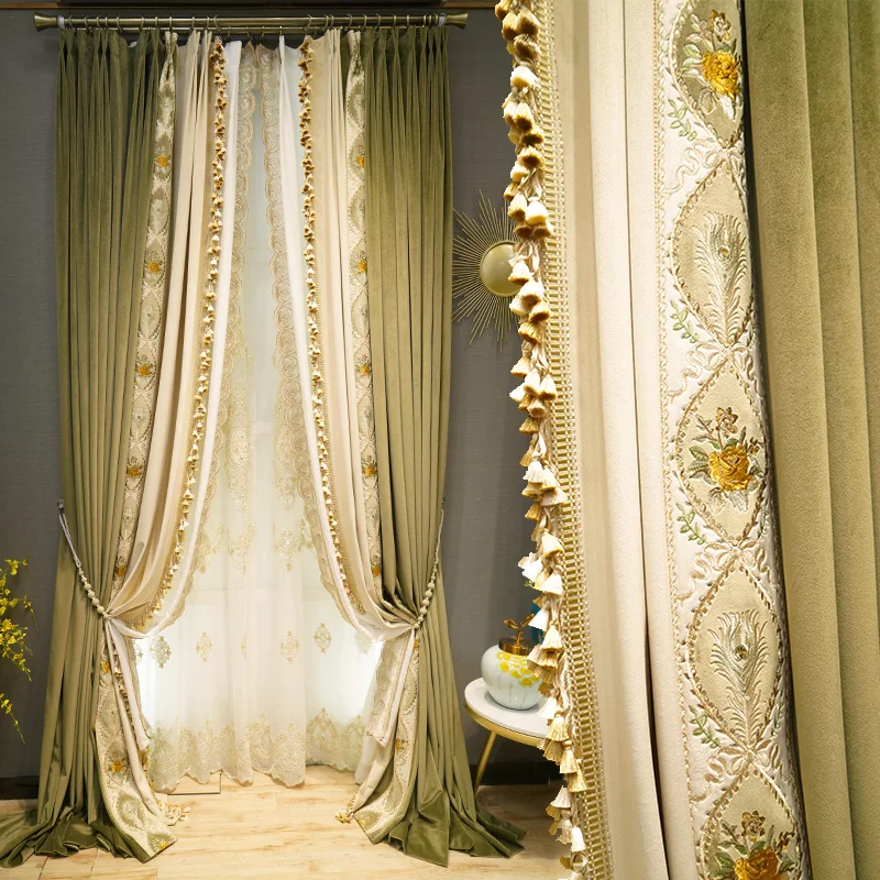 

Custom curtains French green stitching beige thick flannel embroidered velvet cloth blackout curtain valance tulle drape C912